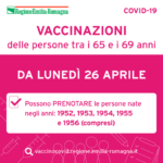 Vaccinazioni anti-Covid, in Emilia-Romagna lunedì 26 aprile via alle prenotazioni per i cittadini dai 65 ai 69 anni