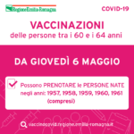 Vaccinazioni, l’Emilia-Romagna accelera ancora: da domani prenotazioni per i 60-64enni, entro maggio i 55-59enni